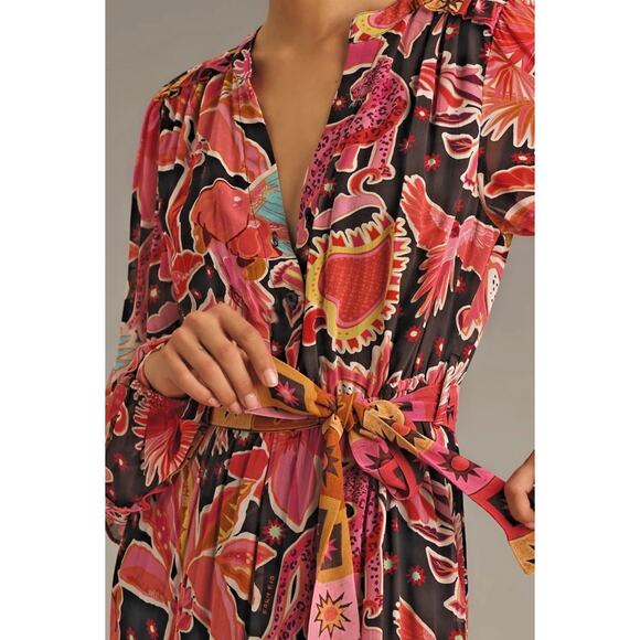 Farm Rio x Anthropologie Pink Tropical Floral Maxi Dress Long Sleeve XS - Picture 3 of 10